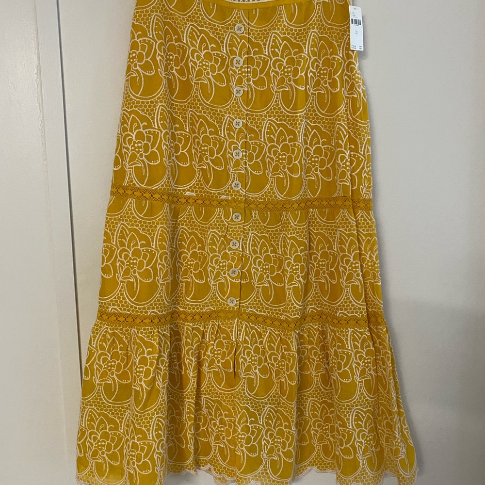 Anthropologie Floral Embroidered Yellow Skirt